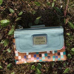 Tan and Blue Fossil Leather Wallet